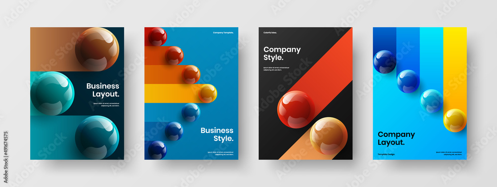 Colorful catalog cover A4 design vector concept collection. Amazing 3D spheres annual report template bundle.