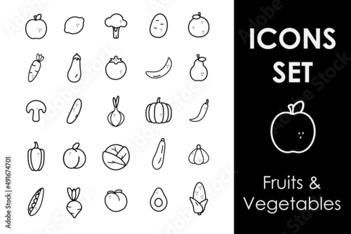 Food lineal icon set, fruits and vegetables, healthy and veggy
