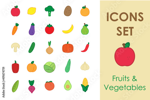Food lineal color icon set, fruits and vegetables, healthy and veggy photo