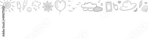Hand drawn holiday elements. Summer holidays. Freehand objects. Banner design. Black and white illustration
