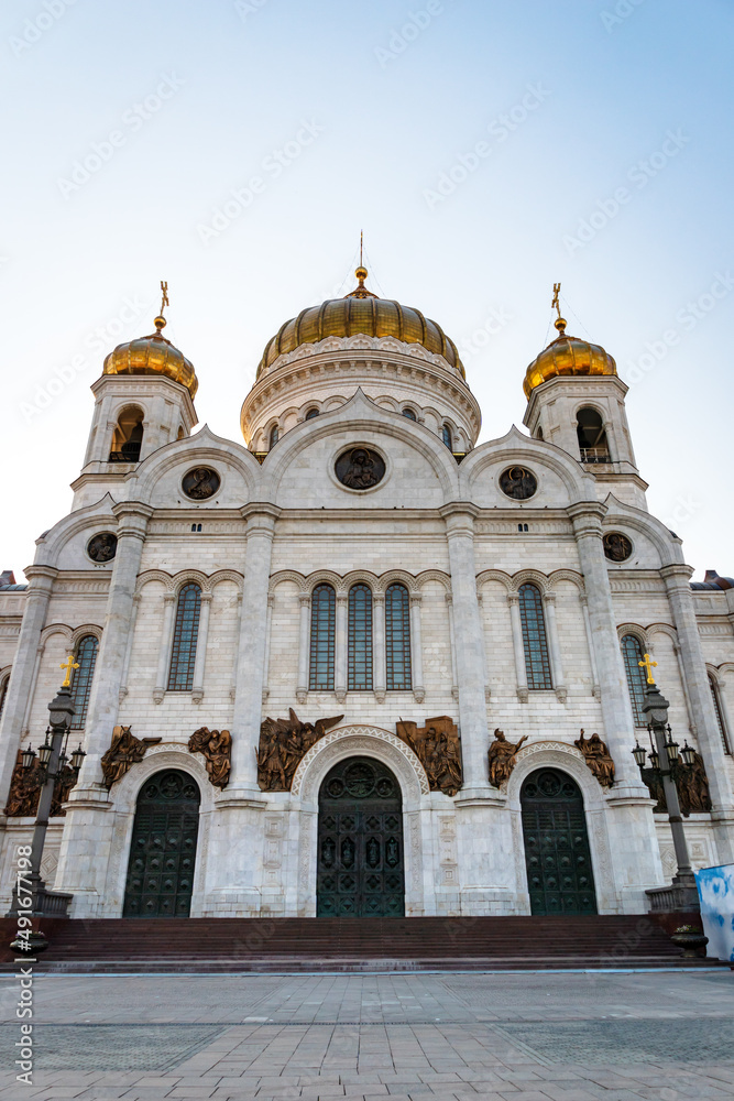 The Cathedral of Christ the Savior, Russian Orthodox cathedral in Moscow. White building with gold domes, the tallest Orthodox Christian church in the world