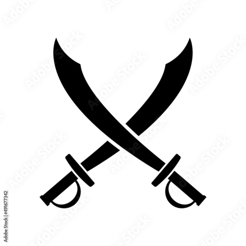 Saber icon. Crossed swords. Black silhouette. Front side view. Vector simple flat graphic illustration. Isolated object on a white background. Isolate.