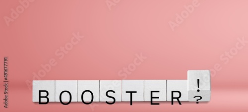 Symbol for a covid booster shot. Dice and changes the expression "booster?" to "booster!".