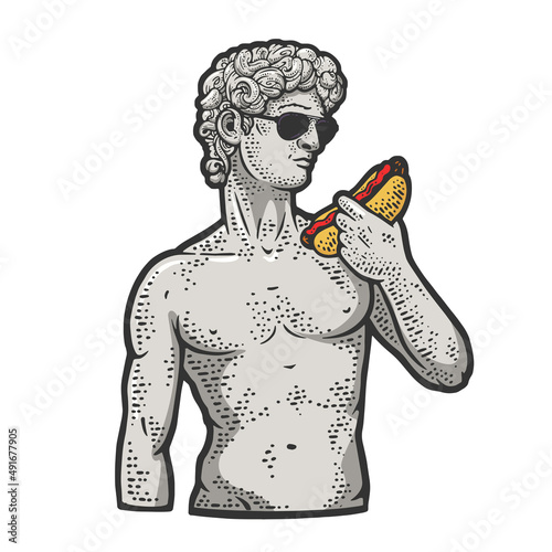 statue of david with hot dog color sketch engraving vector illustration. T-shirt apparel print design. Scratch board imitation. Black and white hand drawn image.