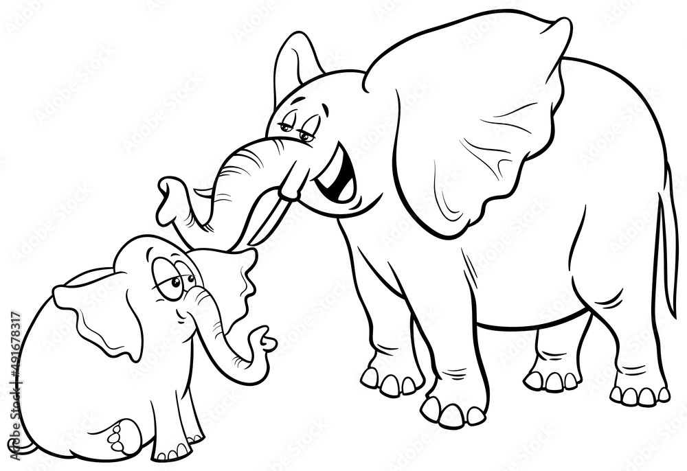 cartoon baby elephant with his mother coloring book page Stock Vector ...