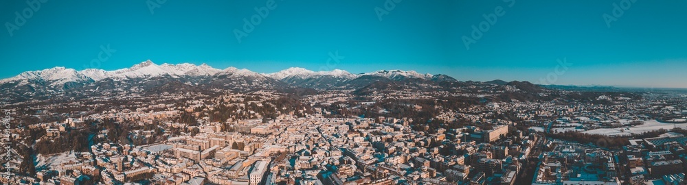 Biella Panoramic Winter View, Drone shot Italy, Biella