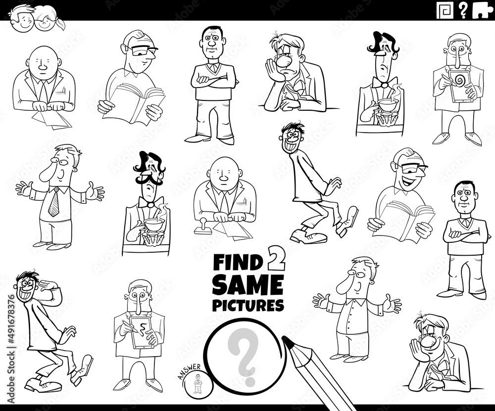 find two same cartoon men characters game coloring book page find two same cartoon men characters game coloring book page