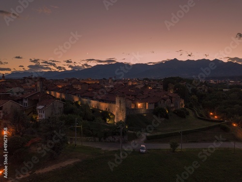 Ricetto di Candelo Panoramic View at sunset, Drone shot Italy, Biella