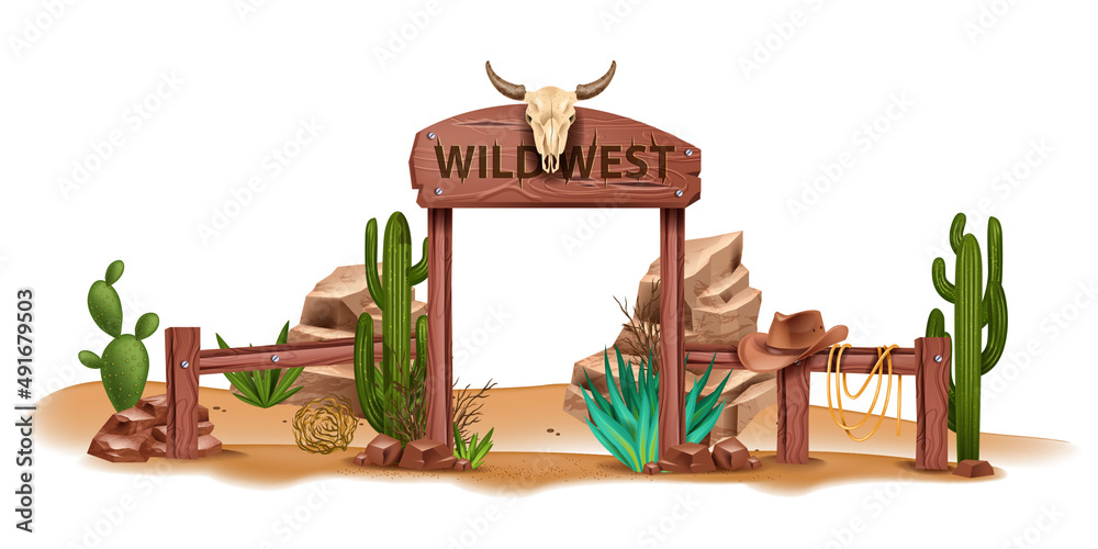 Wild west vector background, western wooden sign board, vintage rustic park entrance, fence, cactus. Game nature Mexican landscape, dry canyon rock, stone, cowboy hat. Wild west environment clipart - obrazy, fototapety, plakaty 