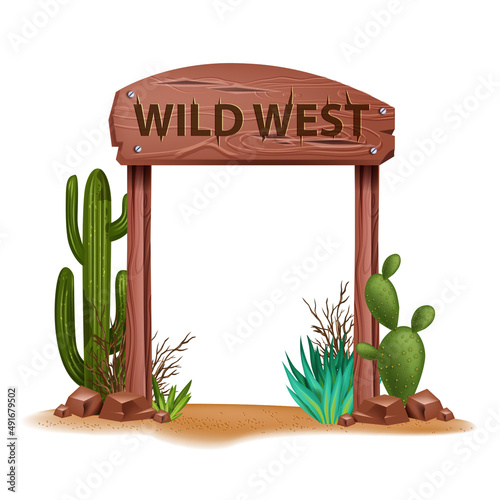Wild west vector background, western wooden sign board, vintage rustic entrance, desert cactus, rock. Game UI Texas frame, environment signpost, stone, sand, succulent. Arizona wild west timber arch