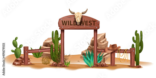 Wild west vector background, western wooden sign board, vintage rustic park entrance, fence, cactus. Game nature Mexican landscape, dry canyon rock, stone, cowboy hat. Wild west environment clipart