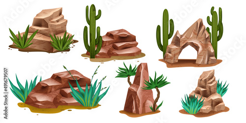 Desert rock set, vector canyon stone kit, wild west environment nature objects, cactus, succulent, agave. Mountain boulder, dry cliff formation, landscape elements, arch. Desert rock game clipart