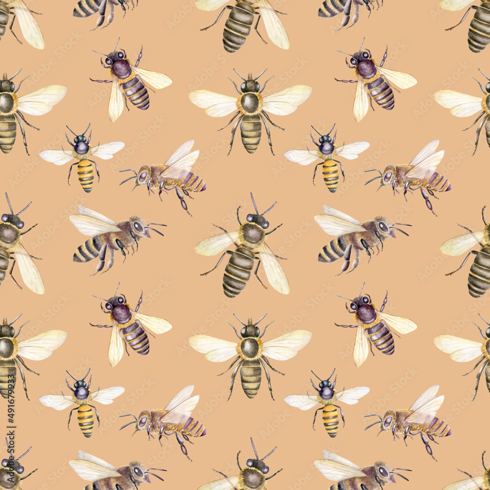 Watercolor seamless pattern with honey bees on beige background. Beekeeping ornament.