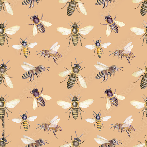 Watercolor seamless pattern with honey bees on beige background. Beekeeping ornament. © Svetlana