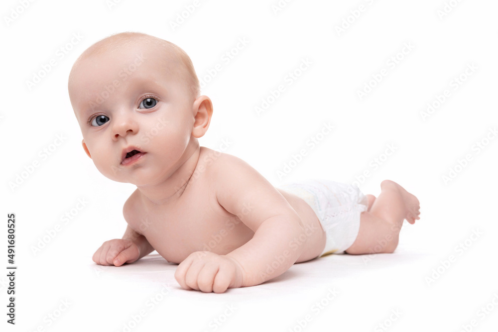 newborn baby in diapers on a white isolated background newborn baby in diapers on a white isolated background