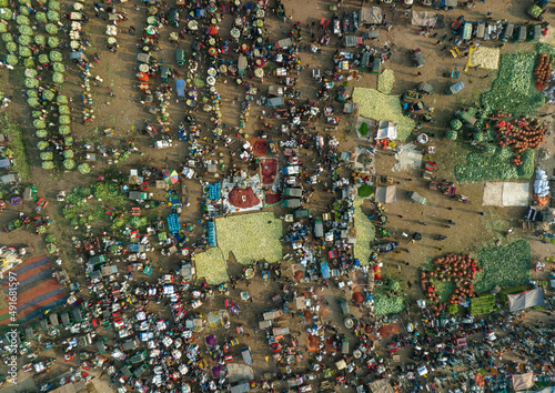 Aerial view of people in a food market in Shibganj, Rajshahi state, Bangladesh. photo