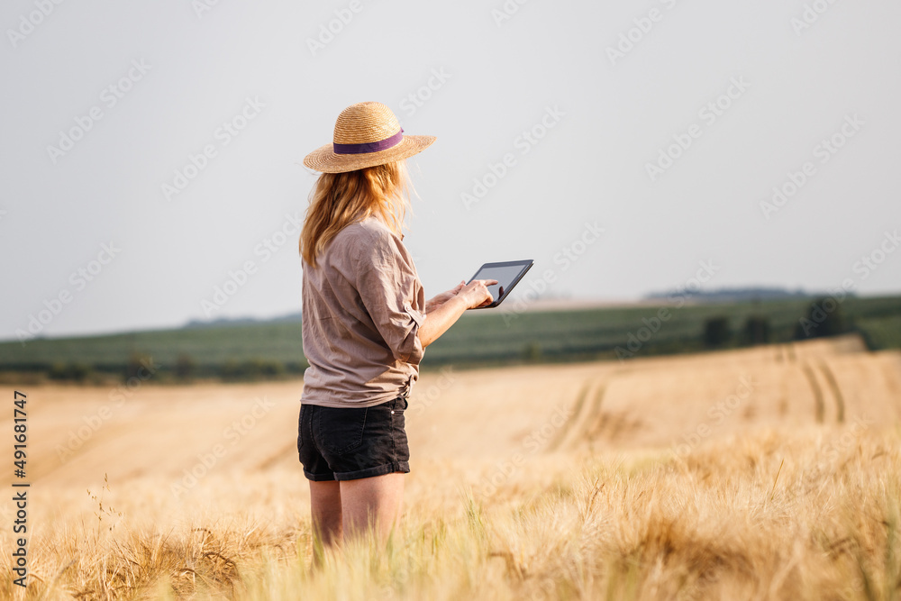 Farmer standing in barley field and examining quality of produce before harvest. Woman using digital tablet for smart farming Farmer standing in barley field and examining quality of produce before harvest. Woman using digital tablet for smart farming