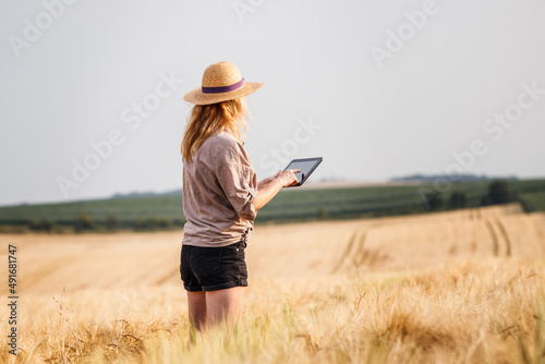 Farmer standing in barley field and examining quality of produce before harvest. Woman using digital tablet for smart farming