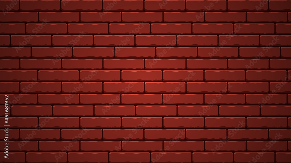 Red cartoon brick wall realistic design background. Cartoon red brick 3d background design template. Vector illustration.