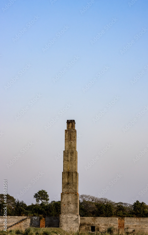 Abandoned old brick kiln on the urban area with copy space