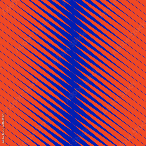Abstract vector geometric seamless pattern with diagonal lines, halftone stripes. Extreme sport style, urban art texture. Trendy background in vibrant neon colors, blue and orange. Psychedelic design