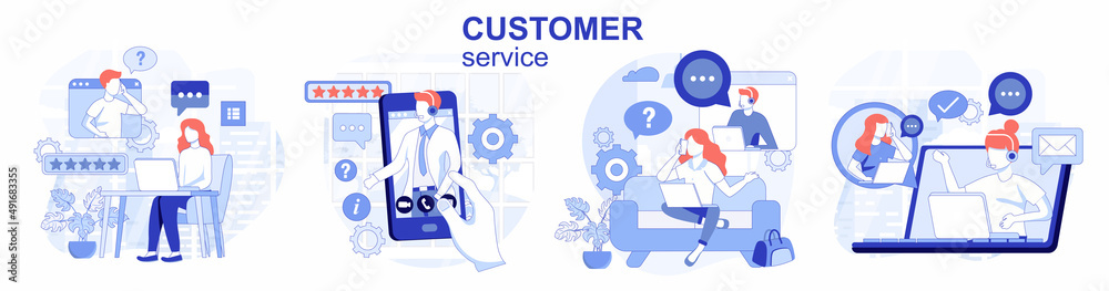 Customer service isolated set in flat design. Collection of scenes. People advice and support, operator call center. Vector illustration for blogging, website, mobile app, promotional materials. Customer service isolated set in flat design. Collection of scenes. People advice and support, operator call center. Vector illustration for blogging, website, mobile app, promotional materials.