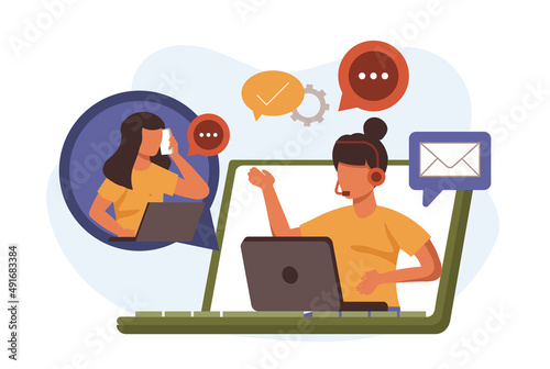 Customer service in flat design. People advice and support, operator call center. Vector illustration for blogging, website, mobile app, promotional materials.