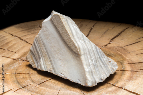 A natural sample of rare striped flint rock on a cracked wood slice. Distinctive look stone mineral that comes from Sandomierz, Poland