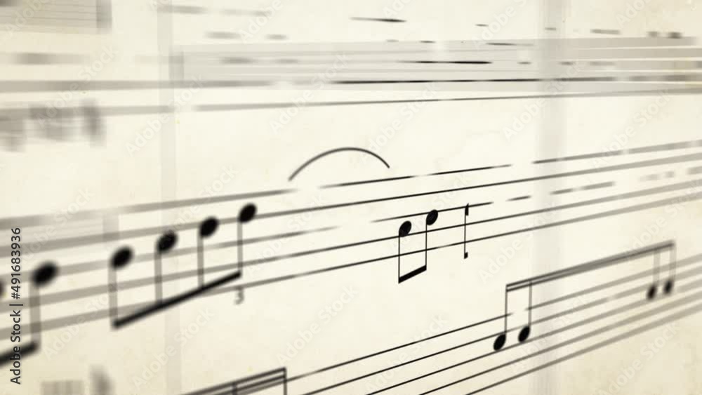 Notes gradually appear on sheet of music. Close up follow shot animation Notes gradually appear on sheet of music. Close up follow shot animation