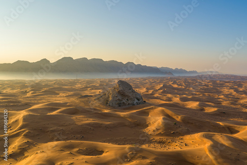Aerial view of Fossil Rock in the desert, Dubai, United Arab Emirates. photo