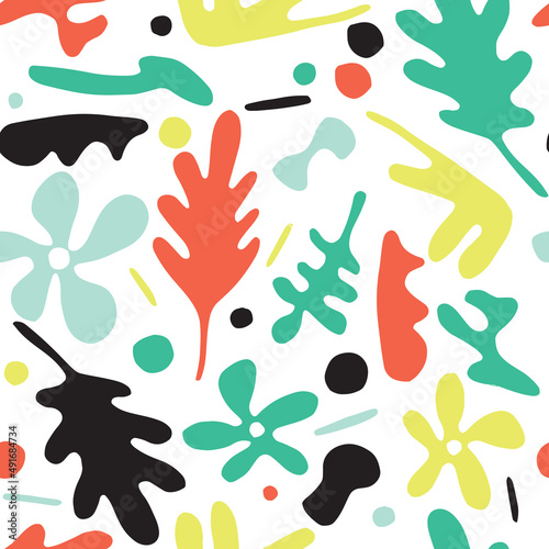 Seamless pattern with abstract flowers and leaves. Contemporary wallpaper.
