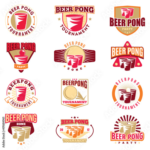 Beer Pong Tournament 12 colored badges set. Retro collection of colored Beer Pong elements