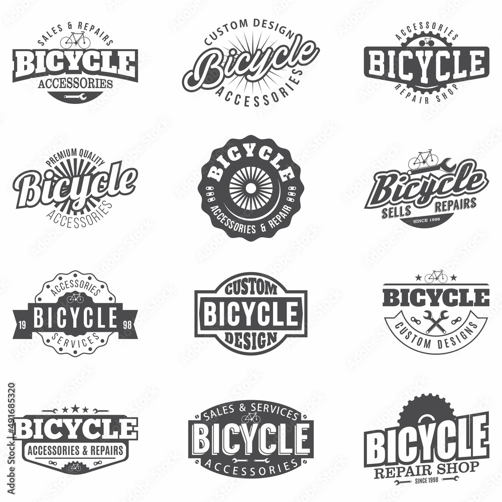 Bicycle emblems, logo and badges set, vector Monochrome retro bicycle shop, repair, accessories signs