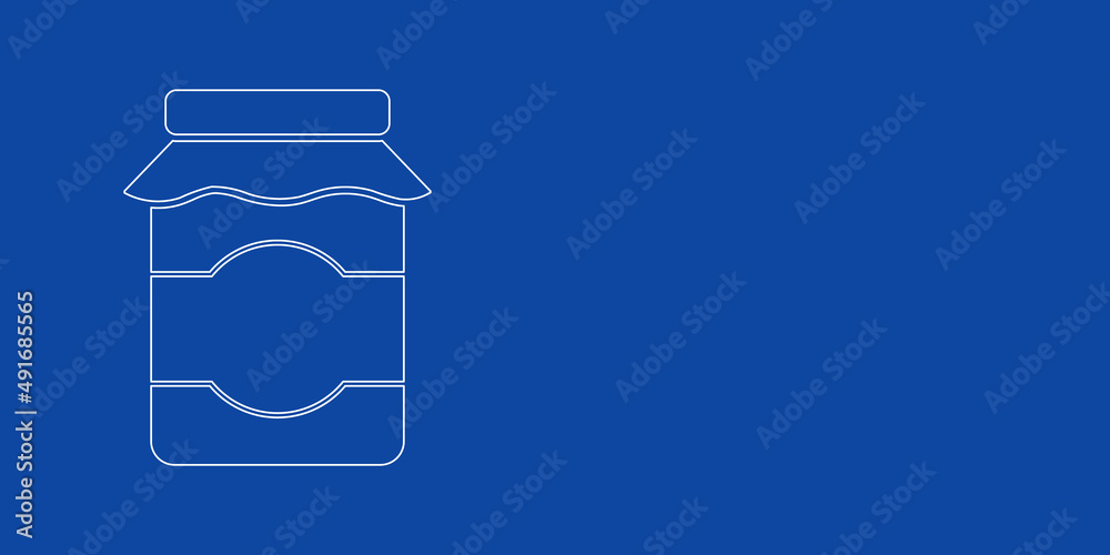 A large white outline jar of jam symbol on the left. Designed as thin white lines. Vector illustration on blue background A large white outline jar of jam symbol on the left. Designed as thin white lines. Vector illustration on blue background