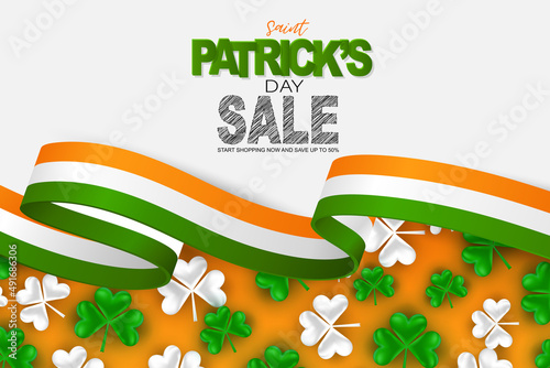 Saint Patricks Day sale banner background with clover leaves. Green and orange colors. Vector illustration.