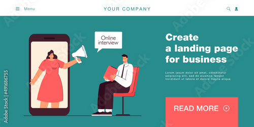 Woman with mouthpiece inviting new employee. Flat vector illustration. Man going through online interview with recruiter, sitting in front of huge smartphone. Interview, HR, online, job concept