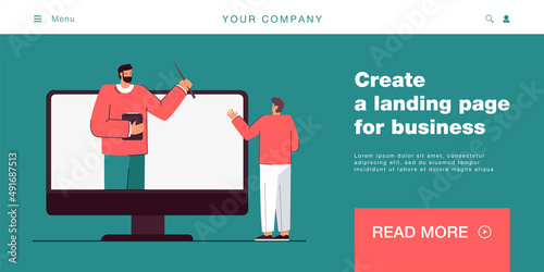 Professor or tutor on computer screen giving geography lecture. Male cartoon student greeting teacher, huge globe flat vector illustration. Online education, geography, technology concept for banner