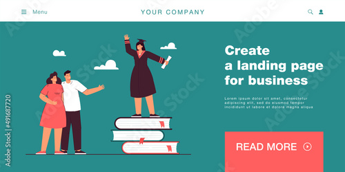 Proud parents looking at daughter wearing graduation cap. Girl standing on huge books flat vector illustration. Education, graduation, university concept for banner, website design or landing web page