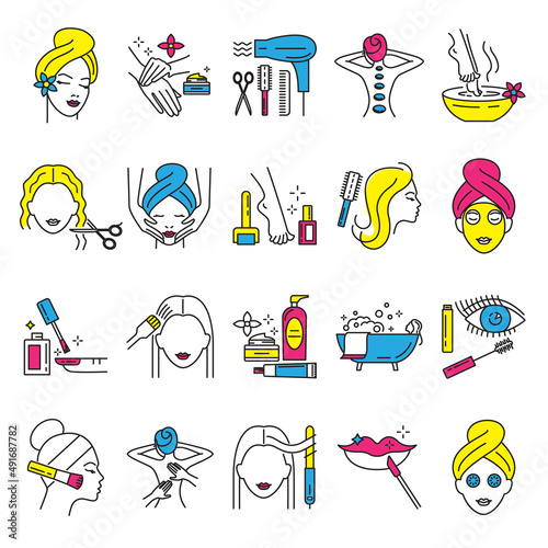 Spa, care and beaty icons set. Collection of signs in modern linear style for spa salon, beauty center, cosmetics store