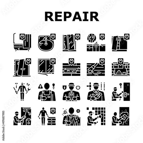 Repair Furniture And Building Icons Set Vector. Repair Door And Bath, Repairing Kitchen Worktop Fireplace, Locksmith Carpenter, Electrician Plasterer Worker Builder Glyph Pictograms Black Illustration