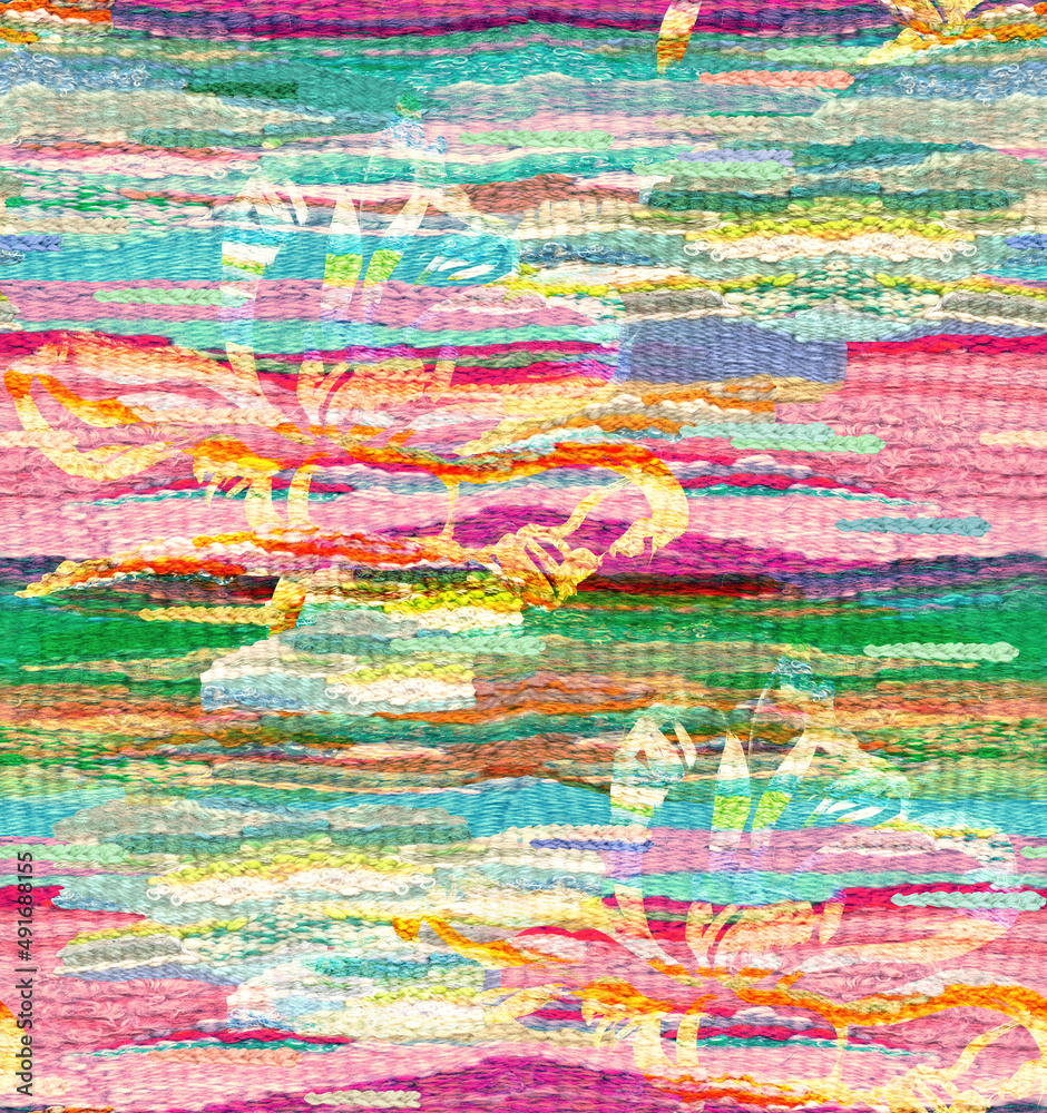 Seamless pattern in the form of a wicker tapestry with thread flowers in the Boho style. Needlework in pink and yellow shades resembles a river. Horizontal motif for surface and textile design