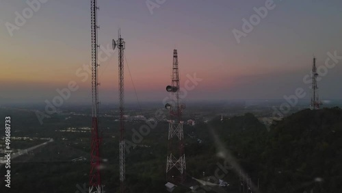 4k video aerial view of antenna tower, transmission tower Send signal 4g 5g 6g network spread all over the world.	