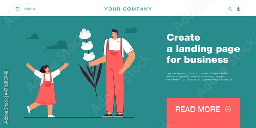 Smiling guy greeting girl giving flower. Happy man making surprise congratulating woman with bouquet on birthday or Valentines day. Love, relationships concept. Flat vector illustration.