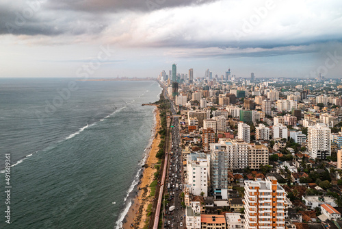 Aerial view of Colombo city standing on the coastline of the Indian ocean in Sri Lanka.