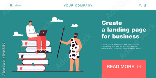 Modern and ancient men flat vector illustration. Guy sitting on pile of books with laptop and. Education, culture, modern and ancient times concept for banner, website design or landing page