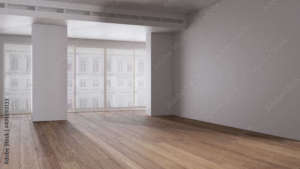 Empty room interior design, open space with white walls and parquet wooden floor, big panoramic window, modern contemporary architecture, morning light, mock-up with copy space Empty room interior design, open space with white walls and parquet wooden floor, big panoramic window, modern contemporary architecture, morning light, mock-up with copy space