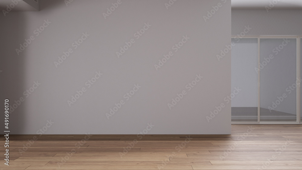 Empty room interior design, open space with white walls and parquet wooden floor, modern contemporary architecture, morning light, mock-up with copy space Empty room interior design, open space with white walls and parquet wooden floor, modern contemporary architecture, morning light, mock-up with copy space