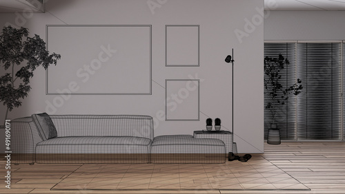 Empty white interior with parquet floor, custom architecture design project, black ink sketch, blueprint showing modern living room with sofa, contemporary interior design