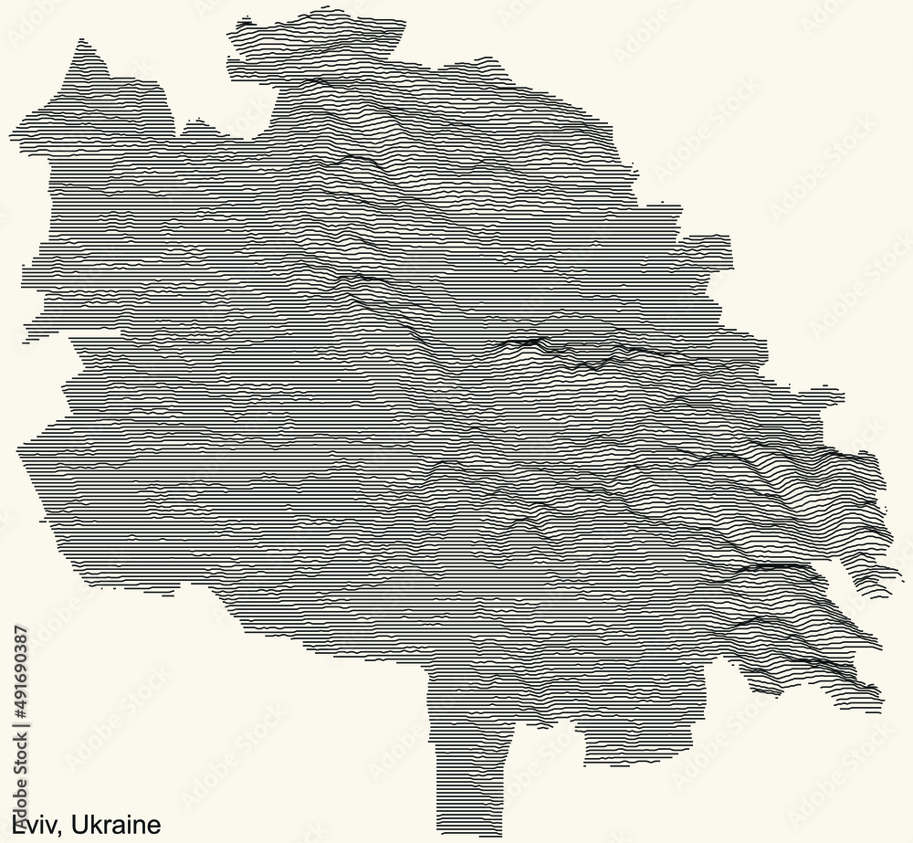 Topographic relief map of the city of LVIV, UKRAINE with black contour lines on vintage beige background