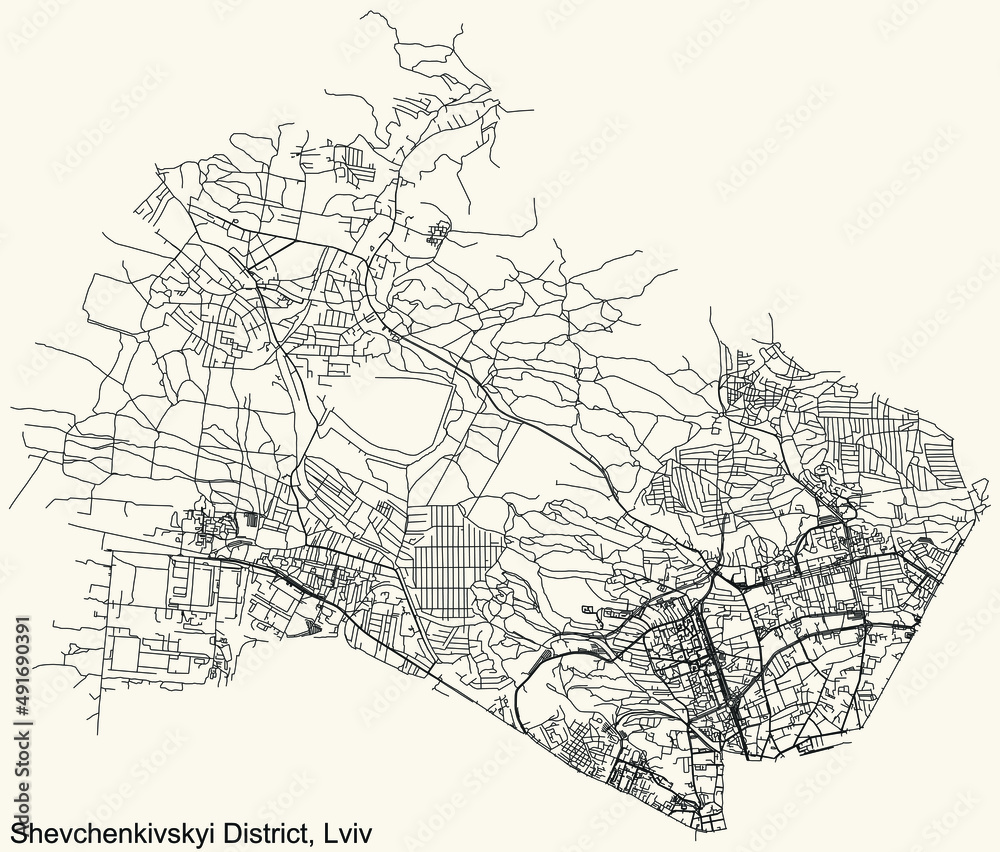 Detailed navigation black lines urban street roads map of the SHEVCHENKO (SHEVCHENKIVSKYI) DISTRICT of the Ukrainian regional capital city Lviv, Ukraine on vintage beige background Detailed navigation black lines urban street roads map of the SHEVCHENKO (SHEVCHENKIVSKYI) DISTRICT of the Ukrainian regional capital city Lviv, Ukraine on vintage beige background